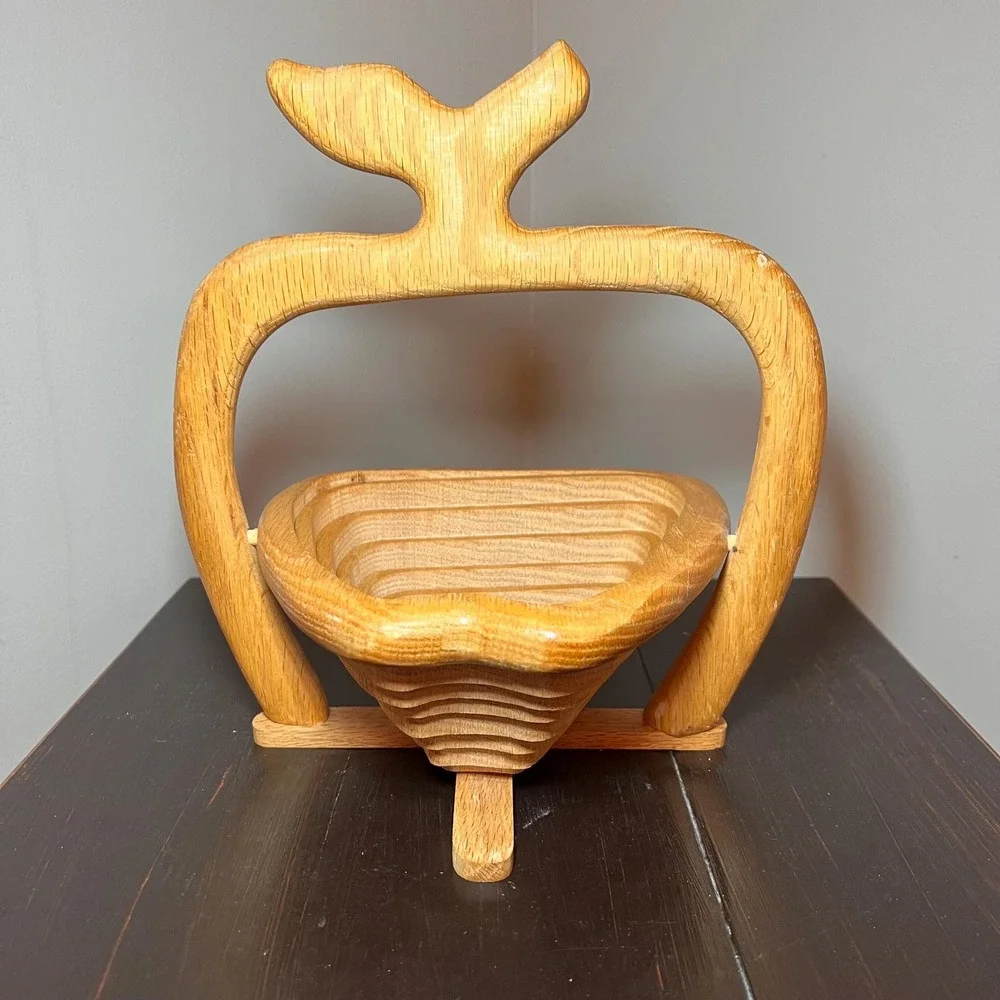 Handcrafted Wooden Apple Collapsible Basket Fold Flat Fruit Bowl Rustic Country